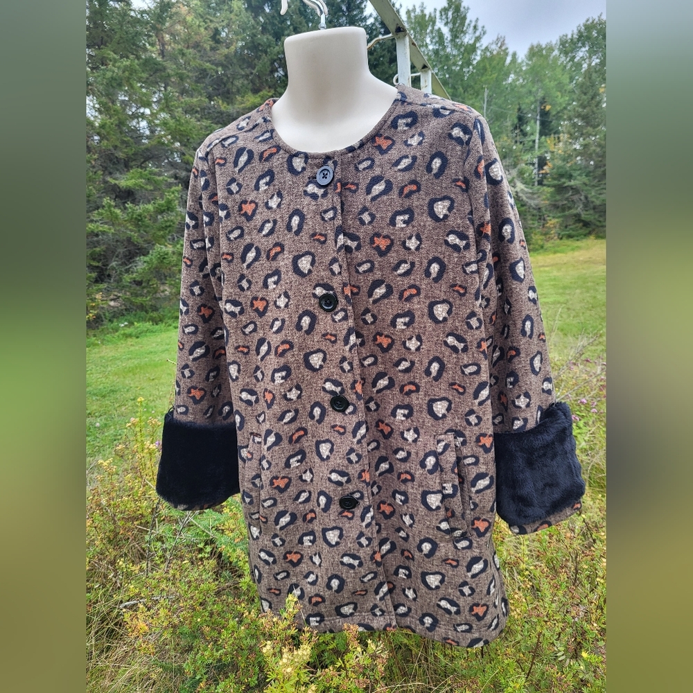 "Chic + Comfy" Leopard Print Teddy Jacket with Faux Fur Black Cuffs